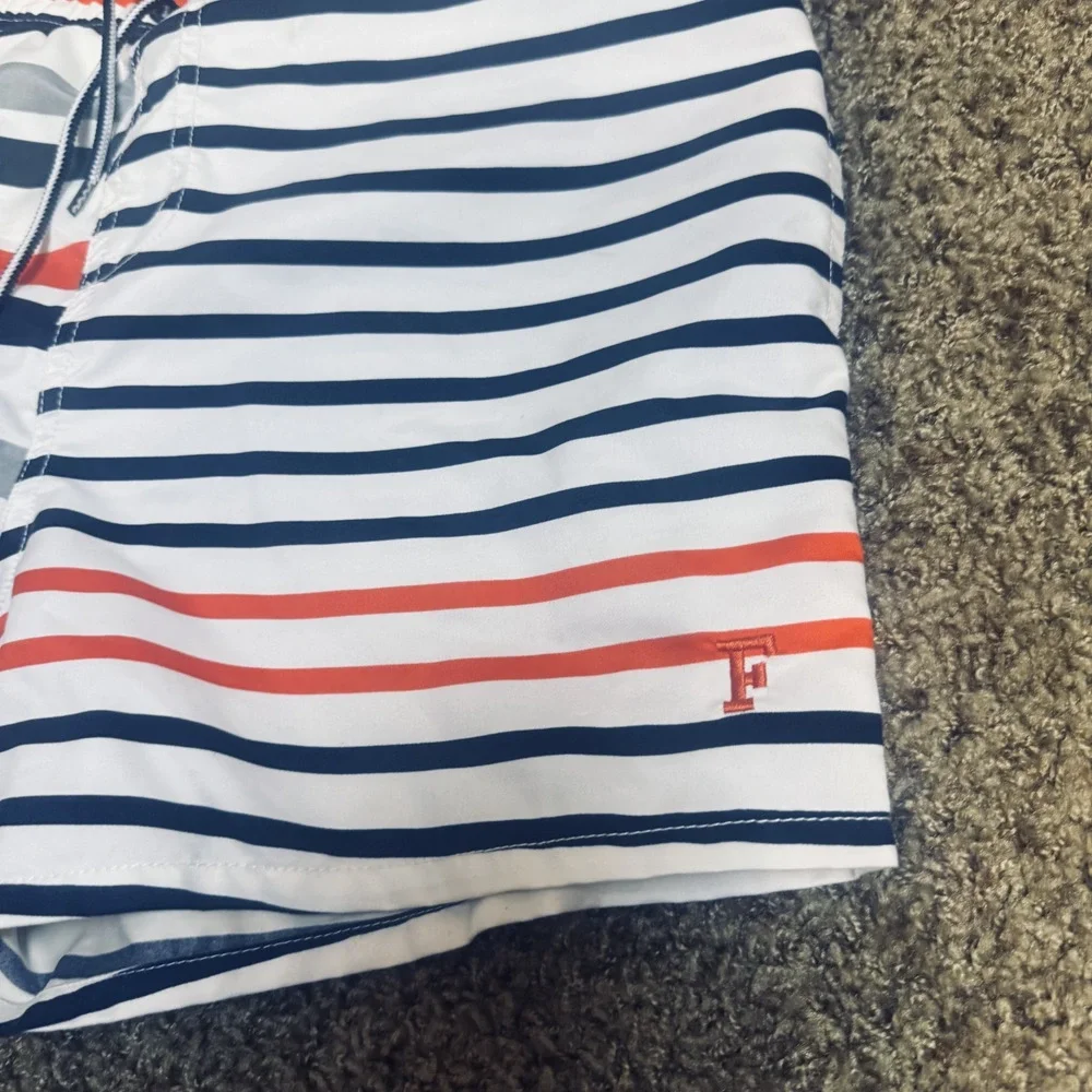 FRENCH CONNECTION Swim Shorts striped Mens M navy blue orange board shorts lined